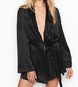Victoria's Secret SILK short robe with belt BNWT black dot